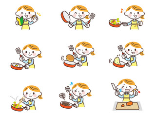 フライパンで料理する女性セット　Woman cooking in a frying pan