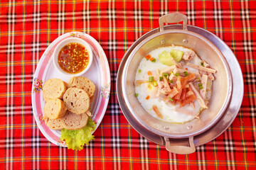 Breakfast , Pan Fried Egg with Toppings and Fried Pork Sausage - Traditional food scene at Chiang Khan Loei Thailand