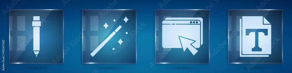 Aufkleber set pencil with eraser, magic wand, web design and development and text file document. square glass 