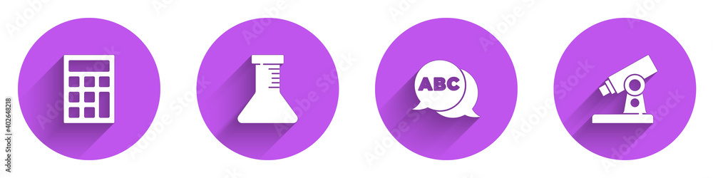 Poster set calculator, test tube and flask, alphabet and microscope icon with long shadow. vector.