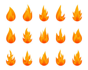 Fiery flame icon set. Orange fire vector icons. Hot flaming elements. Template logo. Design elements collection.