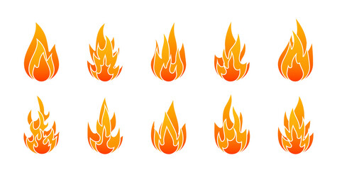 Fiery flame icon set. Orange fire vector icons. Hot flaming elements. Template logo. Design elements collection.