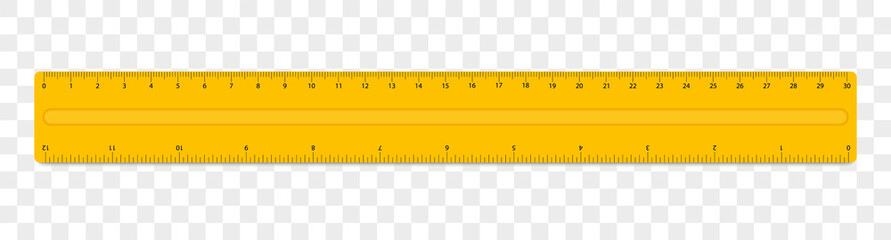 Yellow ruler with scale 20 cm. Ruler with cm and inches scale. Realistic plastic ruler. Measuring tool.