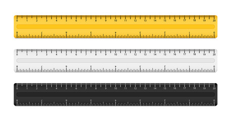 Set of rulers with scale 20 cm. Ruler with cm and inches scale. Realistic plastic yellow, white and black ruler. Measuring tool.