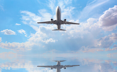 Airplane flying over tropical sea at beautiful cloudy sky