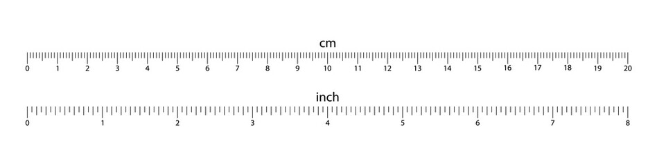Measuring scale with cm and inches. Marking for the ruler in centimeters and inches . Ruler 20 centimeter and 8 inch. Measuring tool. - obrazy, fototapety, plakaty