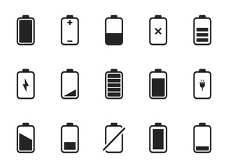 Set of battery icons. Battery charge level indicators. Discharged battery and charged. Phone Battery life icon. Charging energy. Collection of battery power.