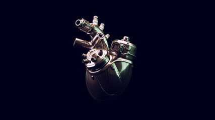 Silver Artificial Cyborg Heart with White Green Moody 80s Lighting 3d illustration render	