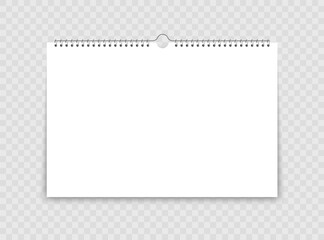 Mock up realistic wall calendar with spiral. White paper tear-off landscape calendar. Empty template for spiral brochure, notepad and calendar. Blank postcard for advertising design.