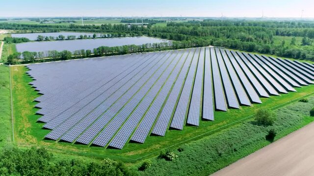 Extensive Solar Park, Turning Camera - Flevoland, The Netherlands, 4K Drone Footage