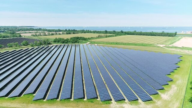 Solar Park Close Up - Flevoland, The Netherlands, 4K Drone Footage