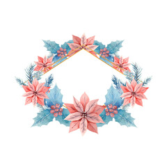 Winter watercolor in a diamond-shaped frame with holly, berries and Poinsettia flowers. Hand-drawn illustration. For invitations, greeting cards, prints, posters, advertising