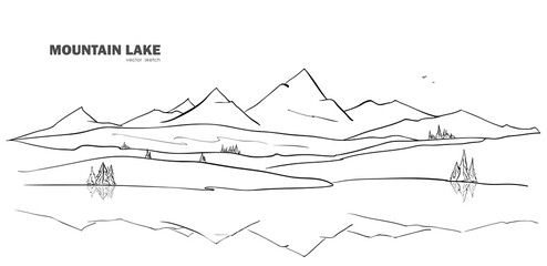 Fototapeta premium Hand drawn Mountain Lake sketch landscape with reflection. Line design