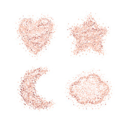 Set elements of pink gold glitter: Heart, star, moon, cloud. Template for banner, card, save the date, birthday party, wedding card, valentine etc. Vector illustration isolated on a white background.