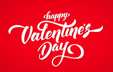 Handwritten elegant modern brush lettering of Happy Valentines Day on red background.