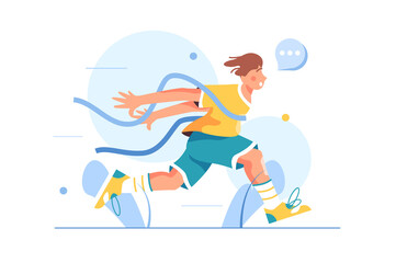 Fototapeta na wymiar Guy athlete finishes in running competition, crosses the tape, came running first, isolated on white background, flat vector illustration