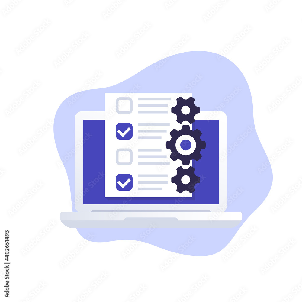Poster check list with gears, planning and management software vector icon