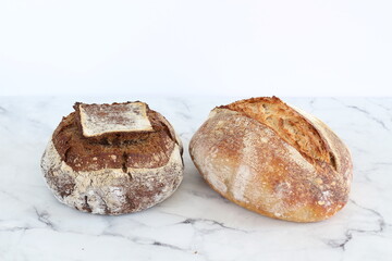 Homemade rye and white flour sourdough tartine bread.