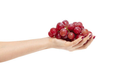 Red grapes in hand isolated on white