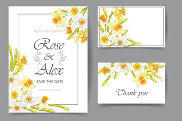 A set of invitations and business cards for a celebration, holiday, anniversary. Decorated with spring daffodils. Vector illustration in a flat style.