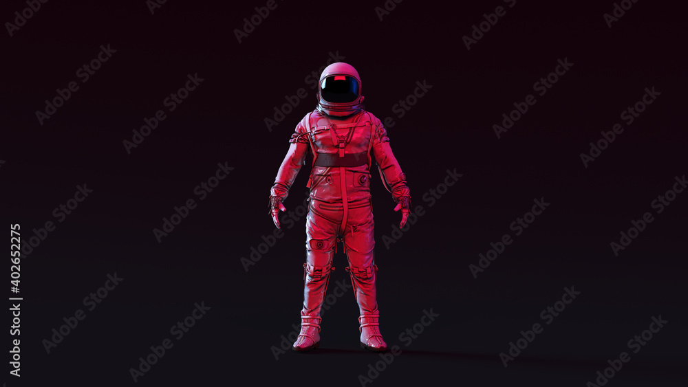 Poster astronaut with black visor and simple retro silver spacesuit with pink and white moody 80s lighting 