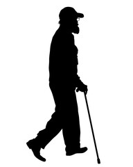 Old man on crutches is walking down the street. Isolated silhouettes on white background