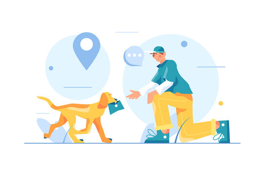 The dog brings the guy a letter in his mouth, the guy sits on his knee and stretches out his hand, big blue pin isolated on white background, flat vector illustration