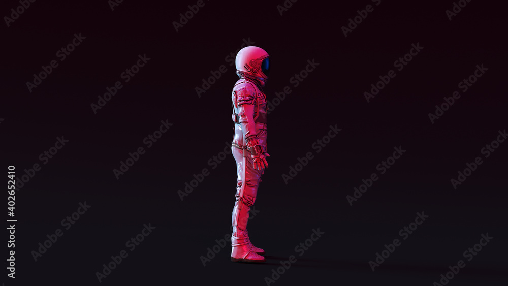 Poster astronaut with black visor and simple retro silver spacesuit with pink and white moody 80s lighting 