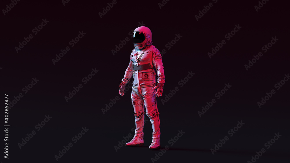 Canvas Prints astronaut with black visor and simple retro silver spacesuit with pink and white moody 80s lighting 