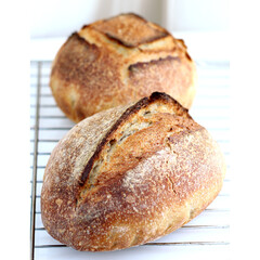 Homemade rye and white flour sourdough tartine bread.
