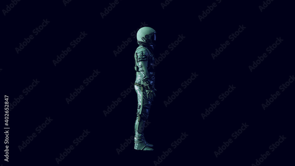 Canvas Prints astronaut with black visor and silver spacewalk spacesuit with blue and green moody 80s lighting 3d 
