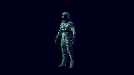 Obraz na płótnie Canvas Astronaut with Black Visor and Silver Spacewalk Spacesuit with Blue and Green Moody 80s lighting 3d illustration render