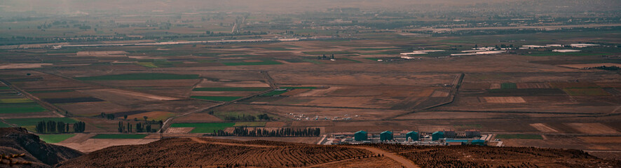 Obraz premium View to agriculture fields in countryside. Rural landscape. Panoramic shot. High resolution sharp photo. Panorama banner.