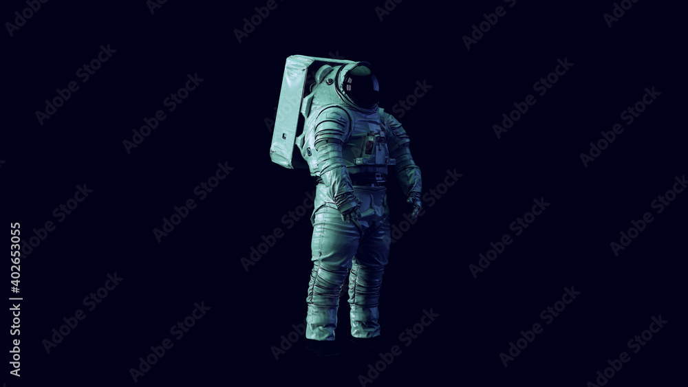 Canvas Prints astronaut with black visor and white spacewalk spacesuit with blue and green moody 80s lighting 3d i