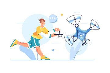 The guy controls a drone with a video camera, guy runs with control panel isolated on white background, flat vector illustration