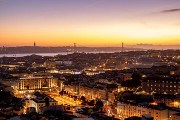 Fototapeta na wymiar Lisbon, Portugal at twilight. Winter solstice 2020. Great conjunction of Jupiter and Saturn