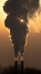 Thick smoke comes from the chimneys in the sunlight of the contour light
