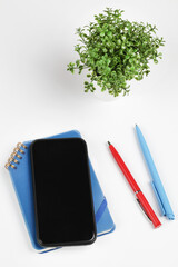 Working table with smart phone, notebook, flower and two pens.