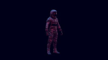 Vintage Astronaut Silver Spacesuit  and Black Visor with Pink Blue Purple Moody 80s lighting 3d illustration render