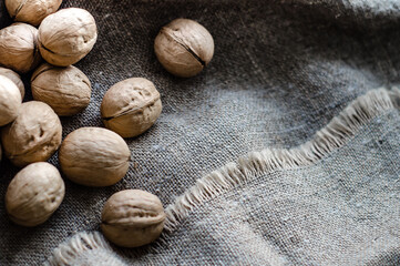 Walnuts lie in heap on gray background of coarse burlap