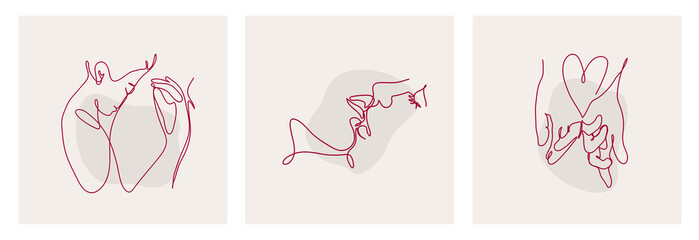 Set of vector one line illustrations, Love concept. Kiss, Lovers, Romance. Kissing couple. Love in one line.
