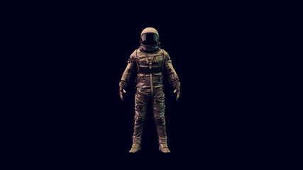 Astronaut with Black Visor and Silver Retro Spacesuit with Warm Green White 80s lighting 3d illustration render	