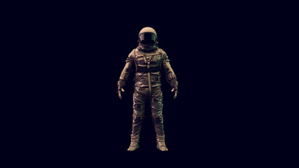 Fototapeta premium Astronaut with Black Visor and Silver Retro Spacesuit with Warm Green White 80s lighting 3d illustration render 