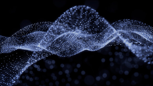 Abstract 3D Technology concept. Big Data and Artificial Intelligence represented as a High Tech Futuristic Particle Network. Abstract background. 3D render