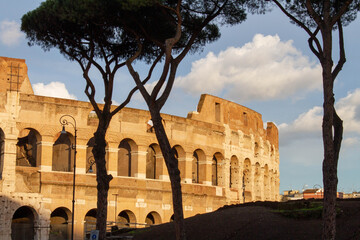 The last sunshine of the day at Colosseum,Italy.An oval amphitheater in the center of the city of Rome.