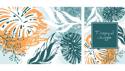 Fototapeta na wymiar Tropical jungle pattern, handdrawn watercolor vector illustration. Leaves print. Summer design. Creative background. Design for notebook, banner, cover, wallpaper, fabric. Summer sale or text area