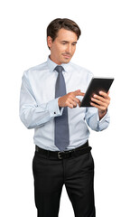 Businessman in blue shirt and tie standing with tablet in hands, isolated over white background. Caucasian manager smiling, looking at the tablet screen