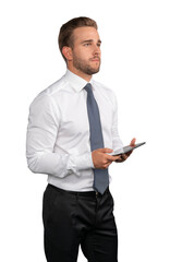 Businessman in white shirt and tie standing with tablet in hands, isolated over white background. Caucasian manager pensive looking away