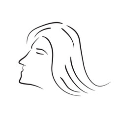 Beautiful woman face logo design, female face in black line, silhouette suitable for fashion themes, beauty, woman symbol. Vector illustration. Isolated on white background.