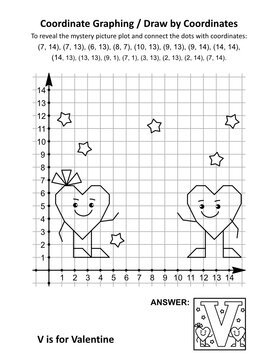 Coordinate graphing, or draw by coordinates, math worksheet with St Valentine's Day mystery picture "V is for Valentine": To reveal the mystery picture plot and connect the dots with given coordinates